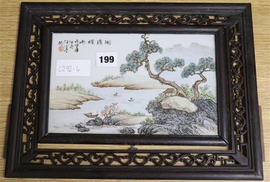 A single Chinese porcelain panel, in carved wood frame panel 15 x 24cm